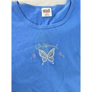 Anvil Dollywood Retro Embroidered Butterfly Blue Cotton‎ TShirt Large Music 90s